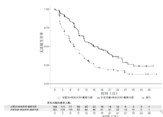 图 1：INAVO120 研究中研究者评估的无进展生存期 